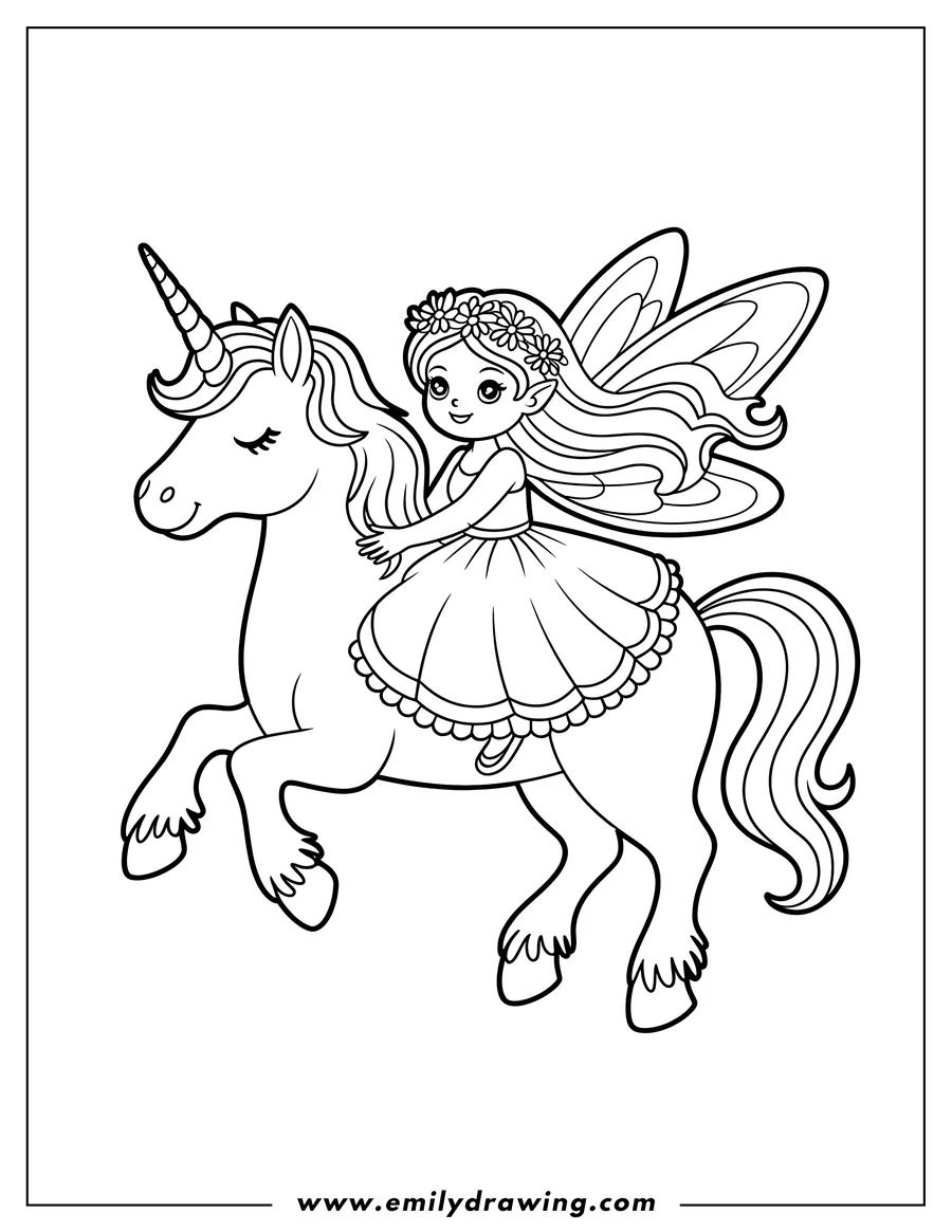 Line art of a fairy with a flower crown riding a unicorn. The fairy has wings and the unicorn has a single horn.
