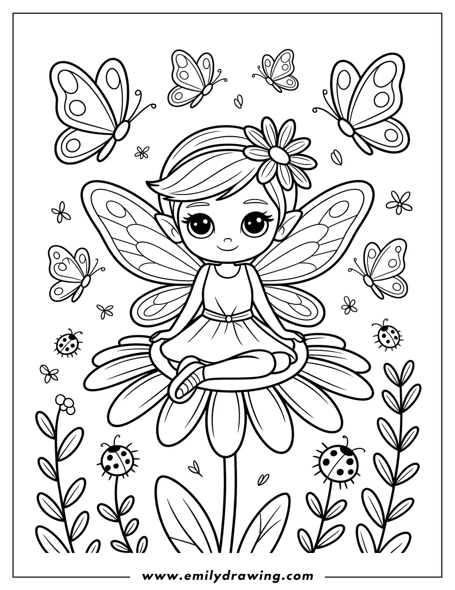 Outline of a fairy with large wings sitting cross-legged on a big flower. Butterflies and ladybugs flutter around her amongst small plants and flowers.
