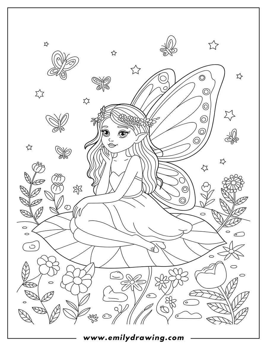 Line art of a fairy with large wings and a flower crown, sitting gracefully on a large leaf. Butterflies flutter around her, and flowers bloom beneath the leaf.
