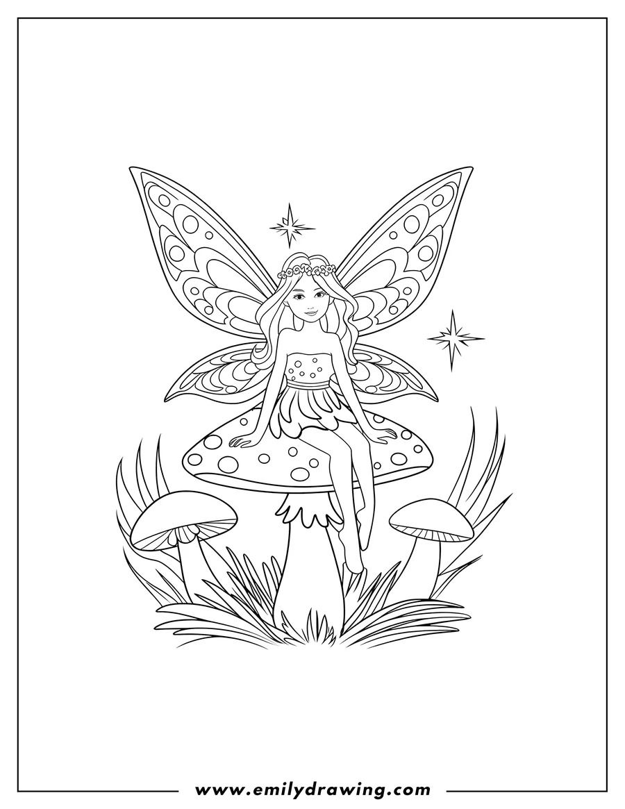 Outline of a fairy with large wings, sitting on a spotted mushroom. Two smaller mushrooms and grass are visible at the base of the main mushroom.