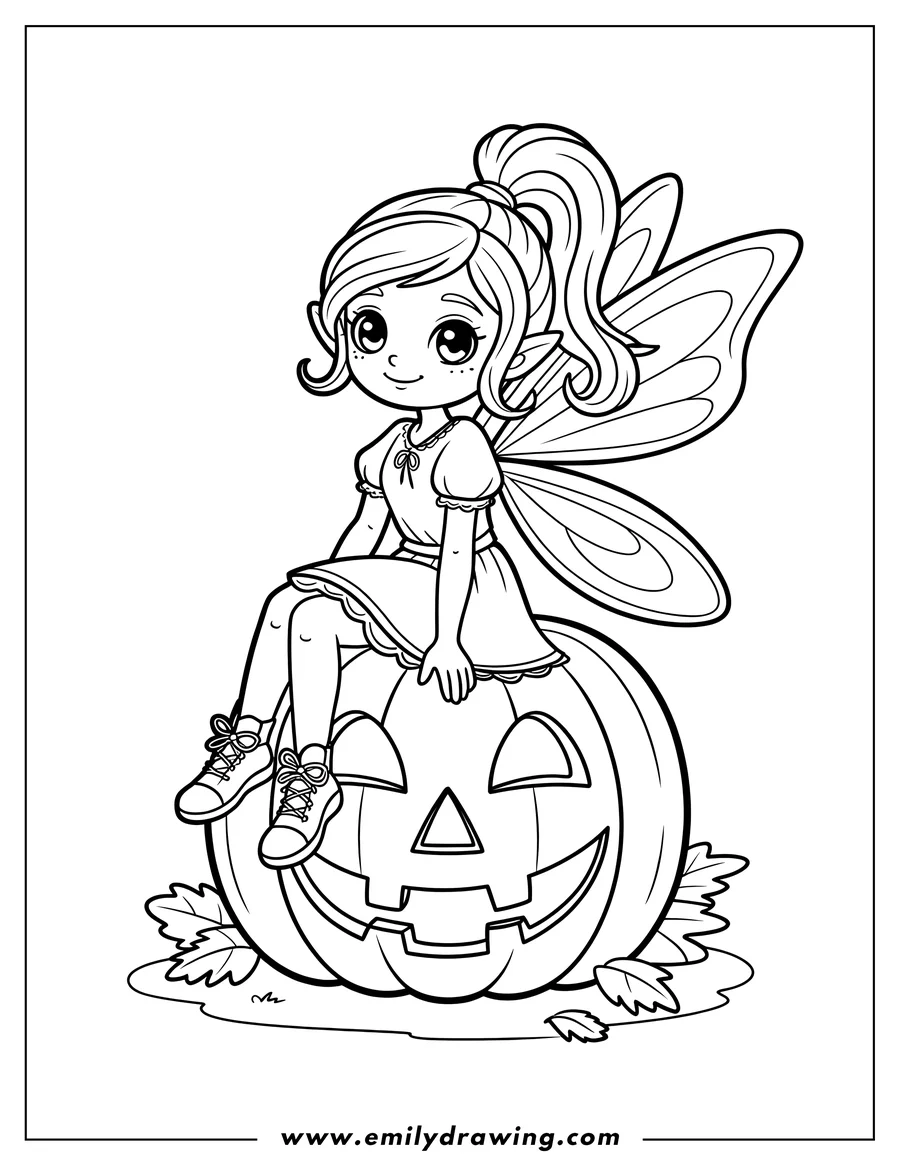 Outline of a fairy with large wings and laced shoes sitting on a carved pumpkin with a smiling jack-o'-lantern face.