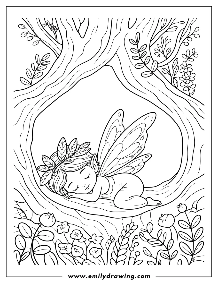 Outline of a fairy with leaf crown sleeping in the crook of a tree, surrounded by flowers and plants.