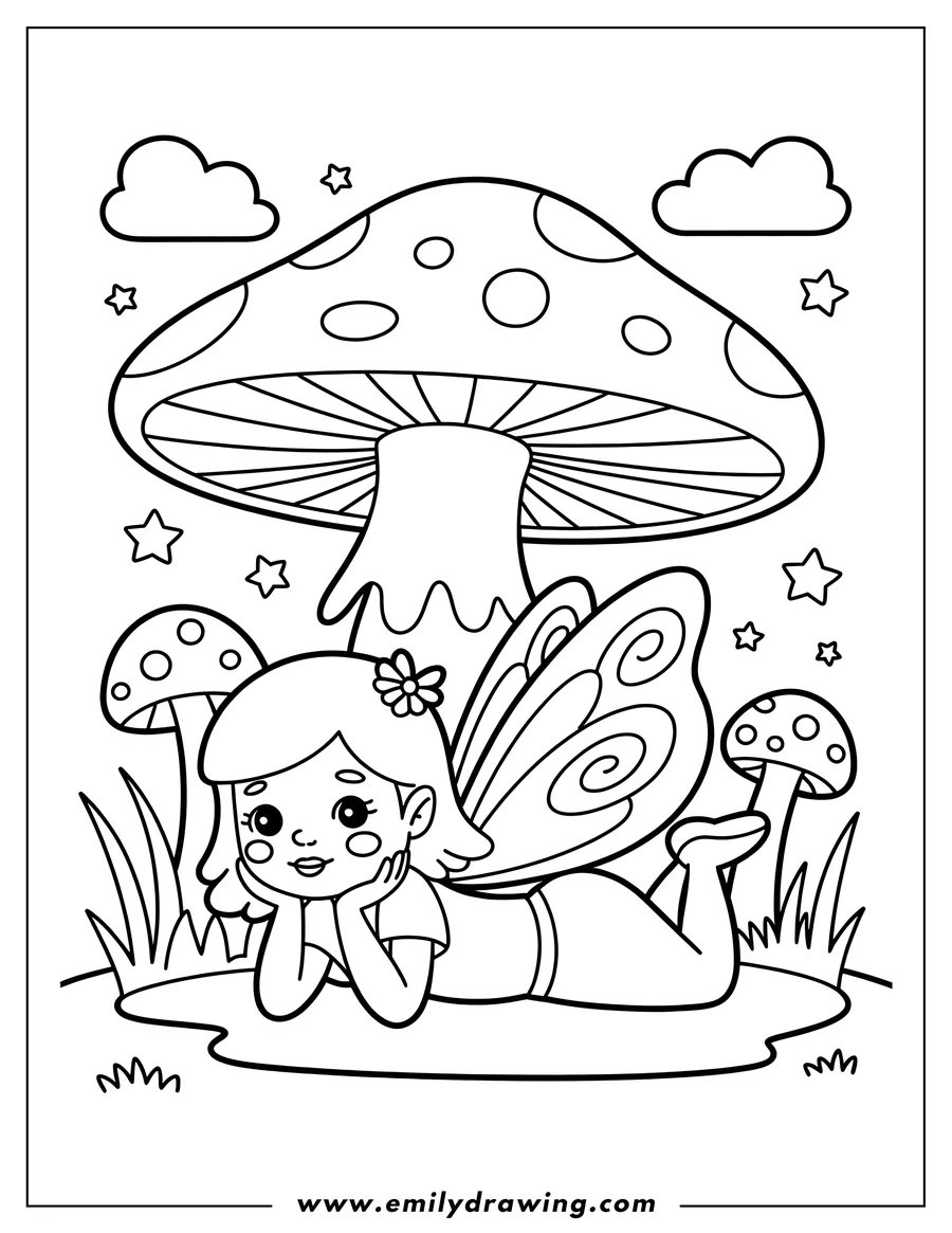 Outline of a fairy lying under a large mushroom, resting her head on her hands. Smaller mushrooms and stars surround her.