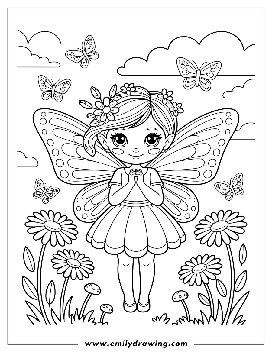 Line art of a fairy with large wings, surrounded by butterflies and flowers. She has flowers in her hair and wears a simple dress. The background includes clouds, grass, and mushrooms.