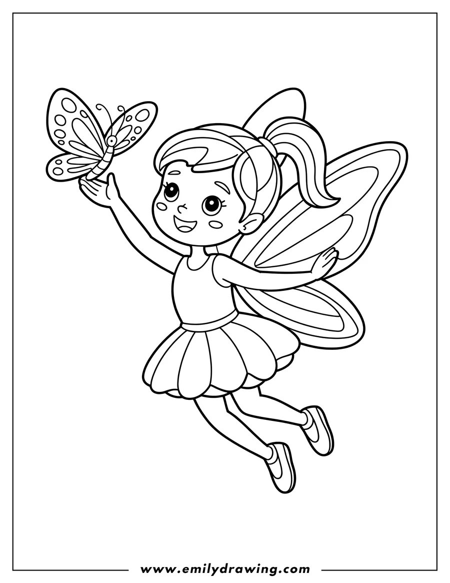 Outline of a fairy holding a butterfly. She has wings and a cute dress.