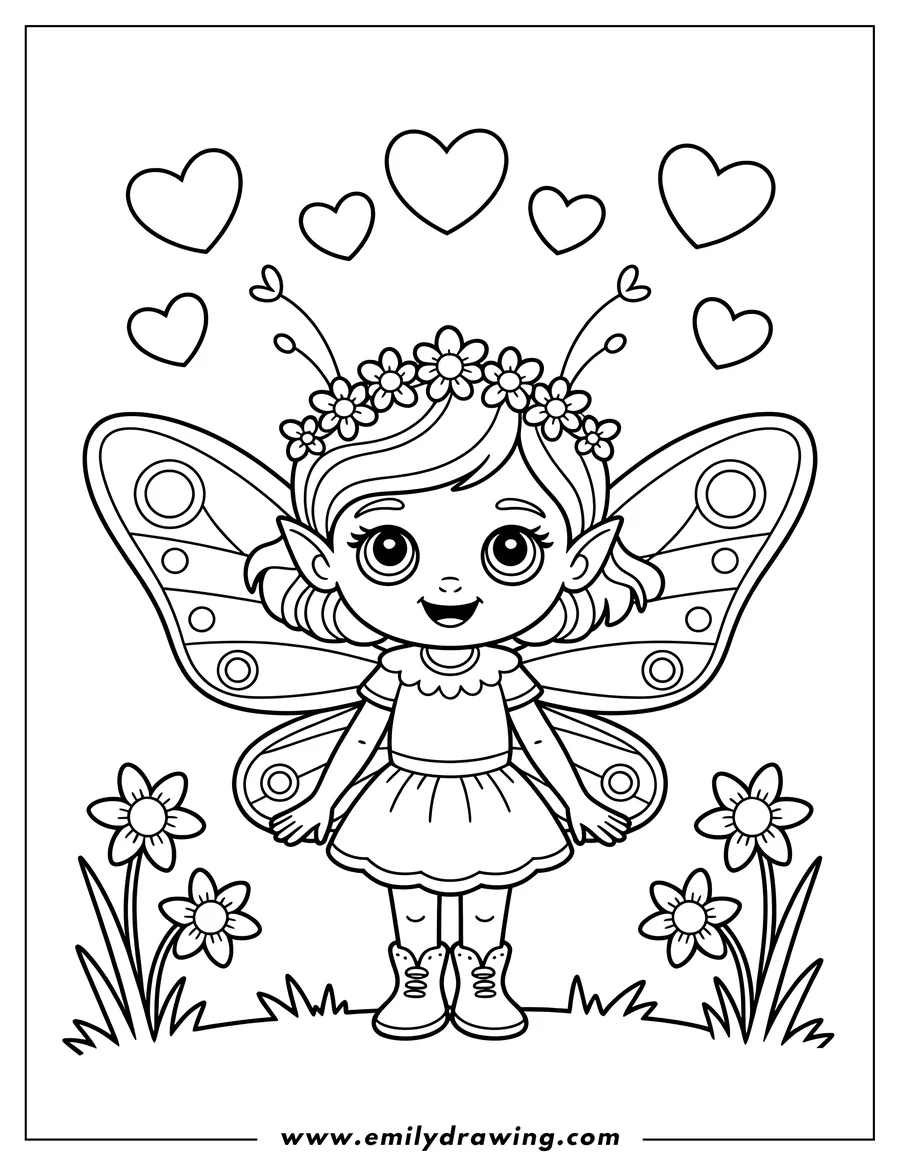 Outline of a fairy with butterfly wings, a flower crown, and a cute dress, standing in a field of flowers. Hearts float above her head.