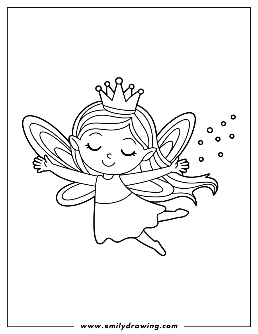 Outline of a fairy wearing a crown and flying, sprinkling fairy dust.