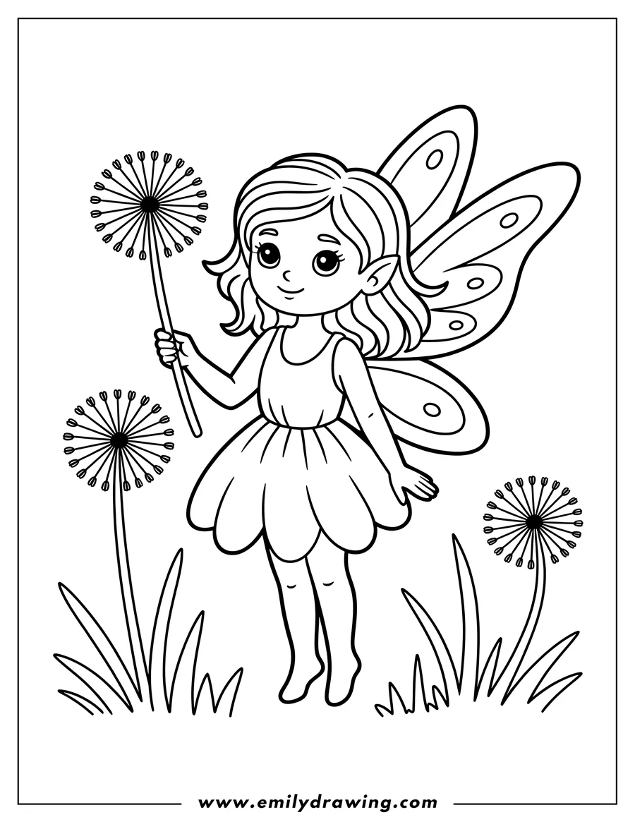 Outline of a fairy holding a dandelion, with other dandelions and grass in the background.