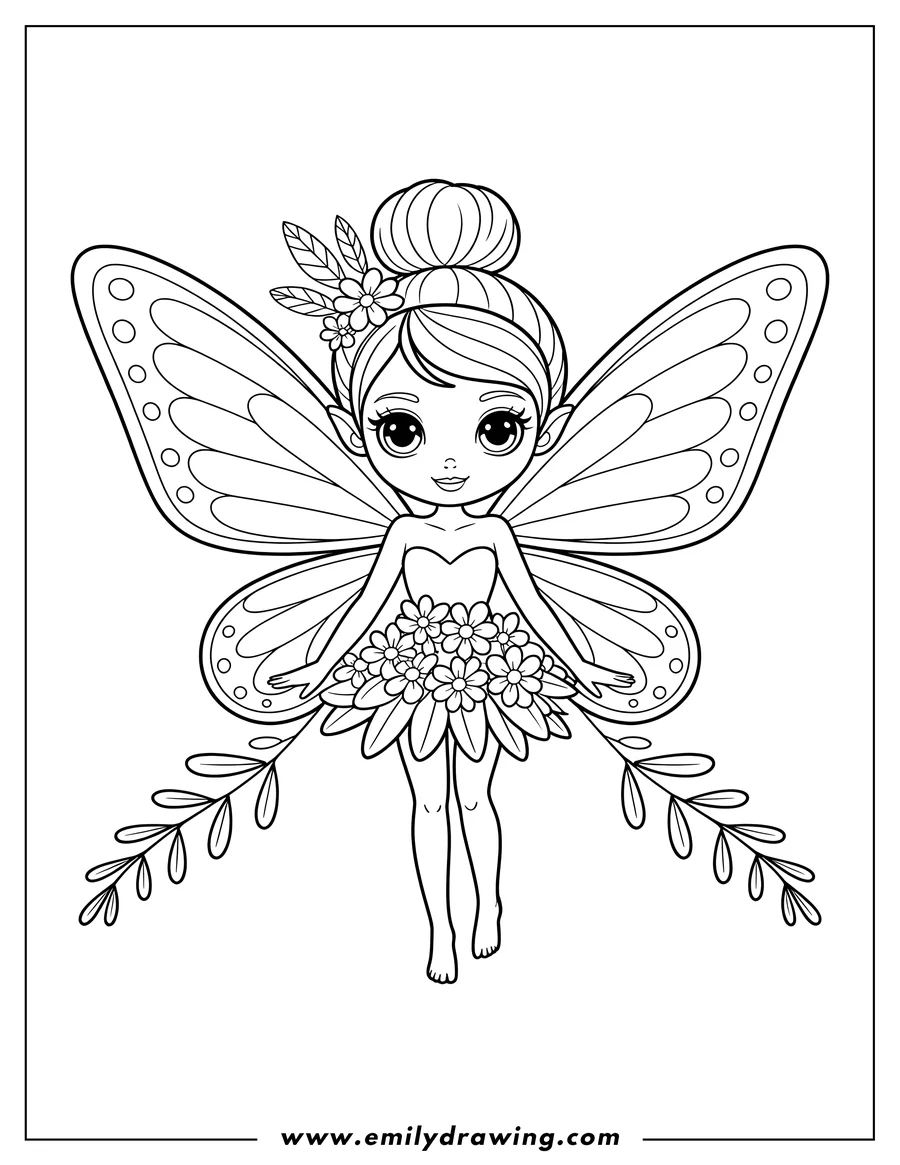 Line art of a fairy with large butterfly wings and a dress made of flowers. She has flowers in her hair and is barefoot.