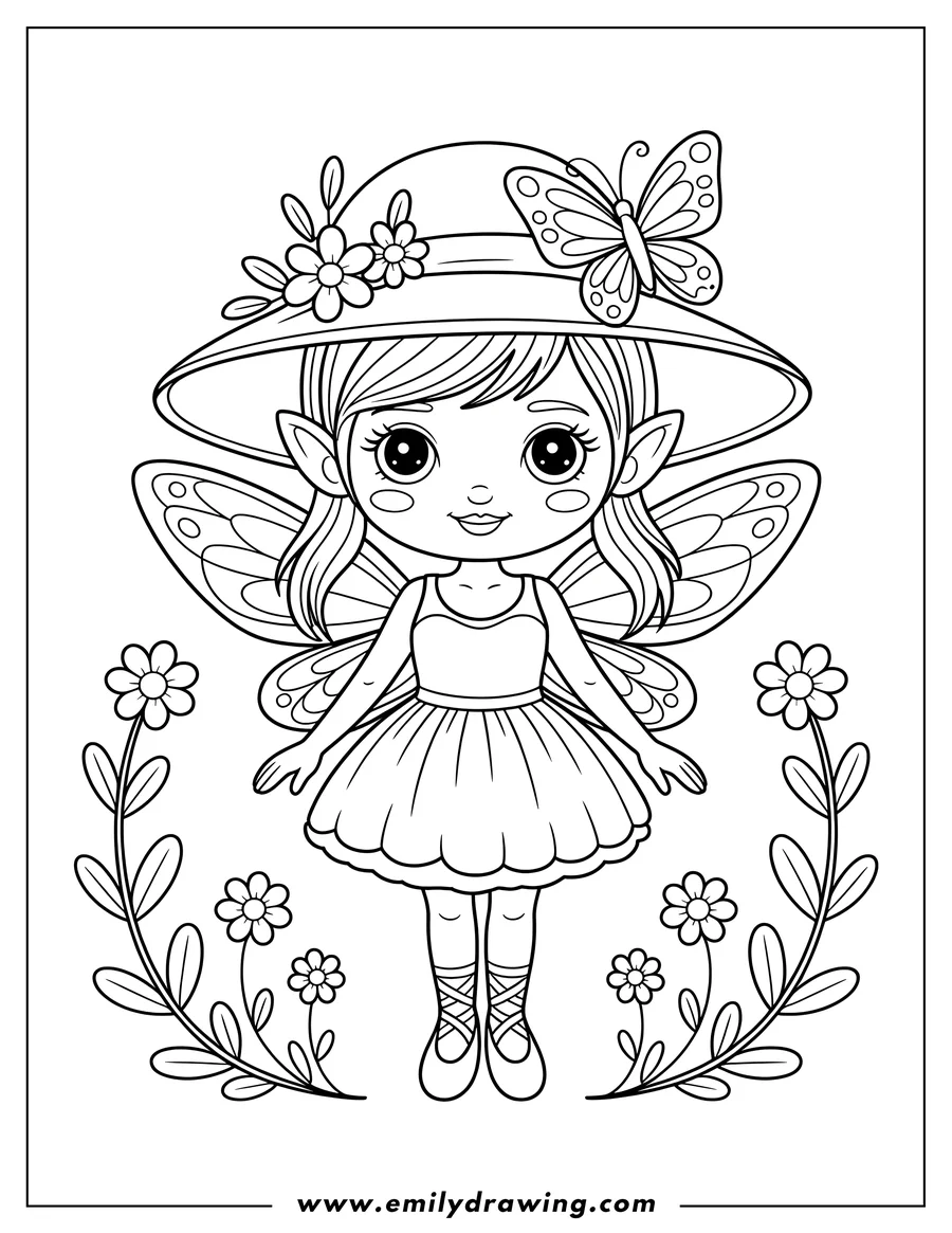 Outline of a fairy wearing a large hat decorated with flowers and a butterfly. She has wings and is standing between two flowering branches.