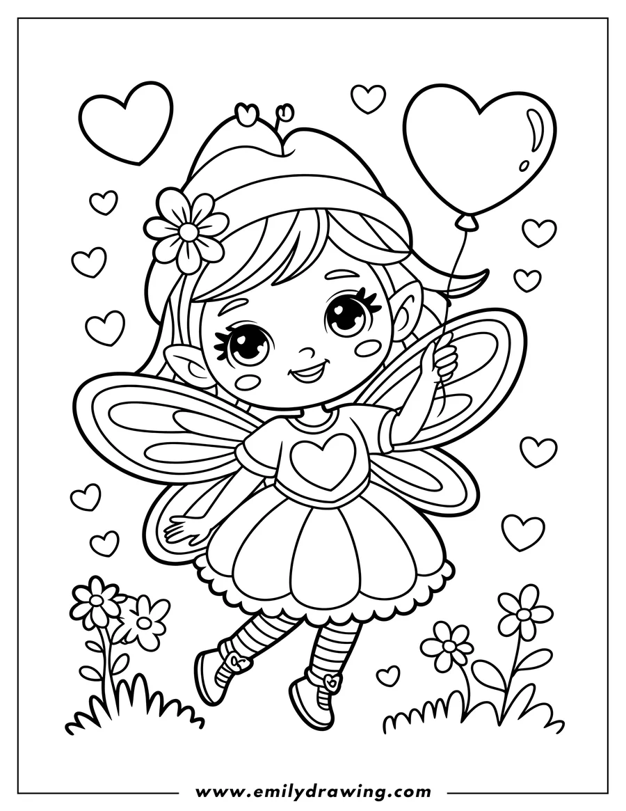 Line art of a fairy holding a heart-shaped balloon. She's wearing a hat with a flower, a dress with hearts, and has butterfly wings. Small hearts and flowers decorate the scene.