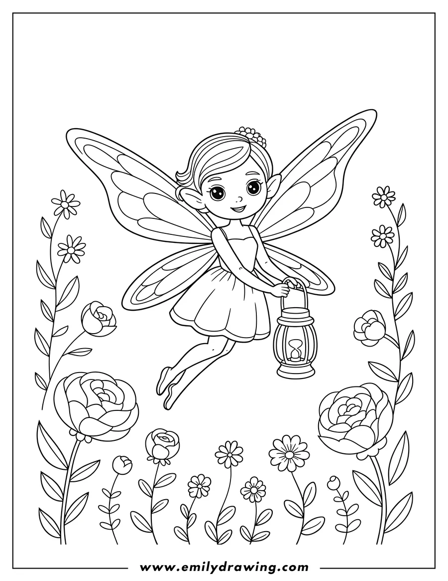Outline of a fairy holding a lantern, flying above various flowers.