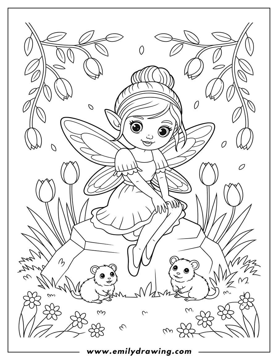Outline of a fairy sitting on a rock with two mice at her feet. She has large wings and a bun hairstyle. Tulips and small flowers surround them.