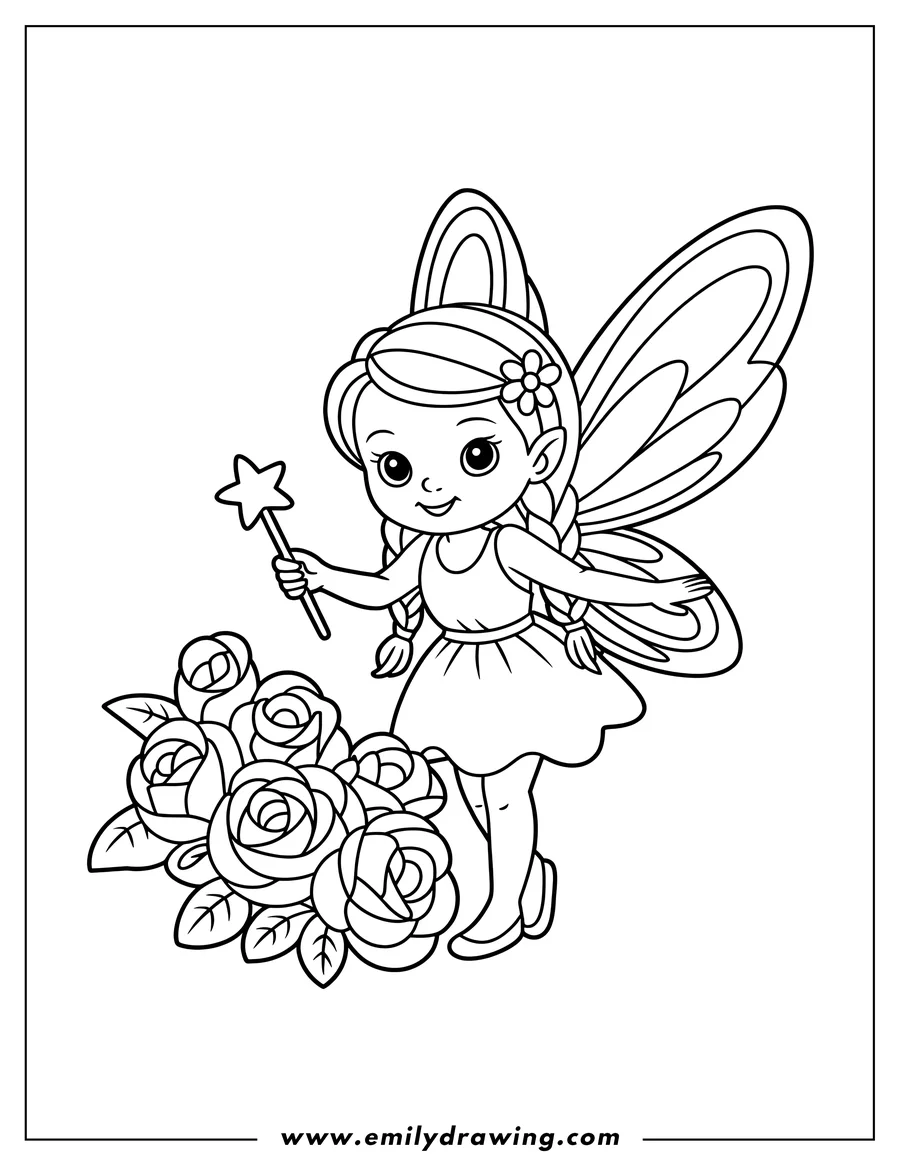 Line art of a fairy with a magic wand, standing near a bouquet of roses. She has wings and a flower in her hair.