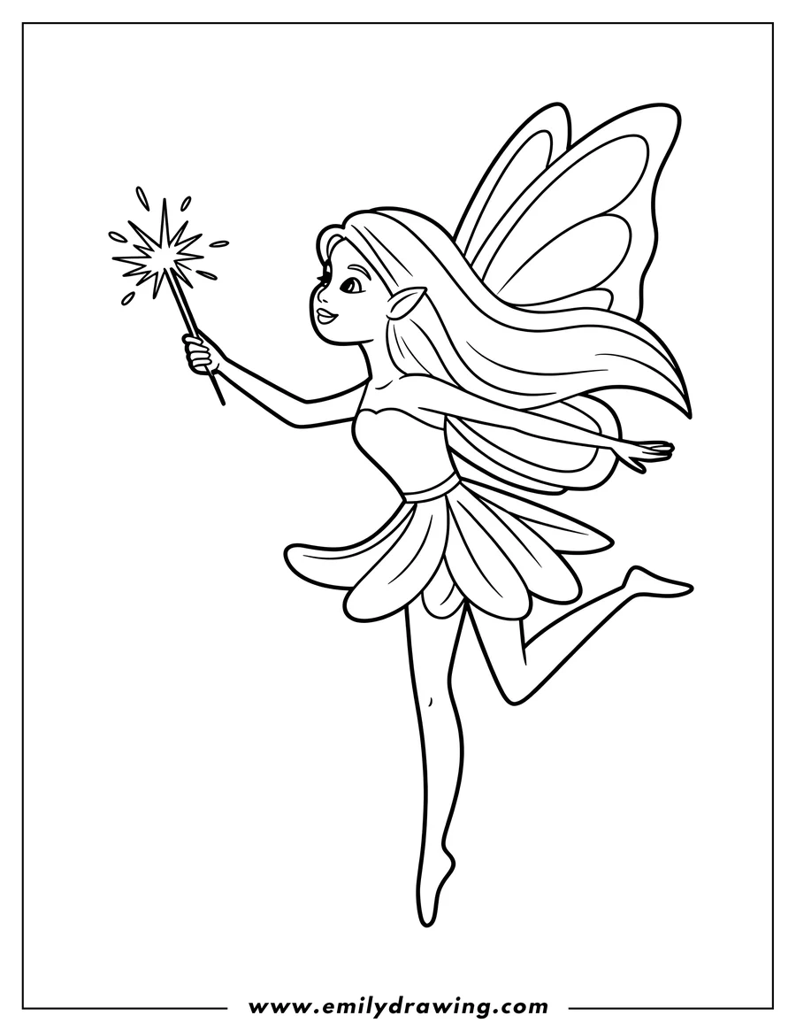 Outline of a fairy holding a sparkler. She has large wings and a dress that looks like flower petals. She appears to be dancing or twirling.
