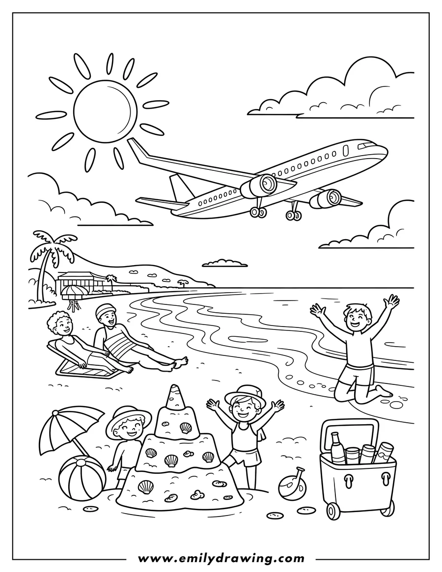 Outline of a family enjoying a beach day. Two adults relax on beach chairs, two children play by a sandcastle, and an airplane flies overhead.