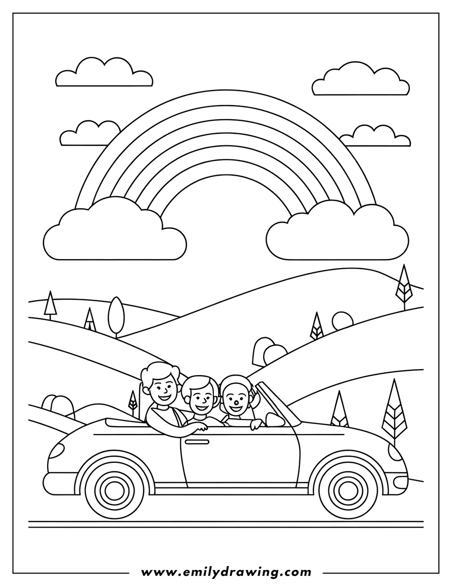Line art of a family of three riding in a convertible with the top down, under a rainbow with fluffy clouds and a simple hilly landscape.