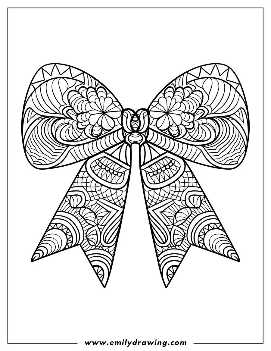 Line art of a decorative bow with intricate patterns.