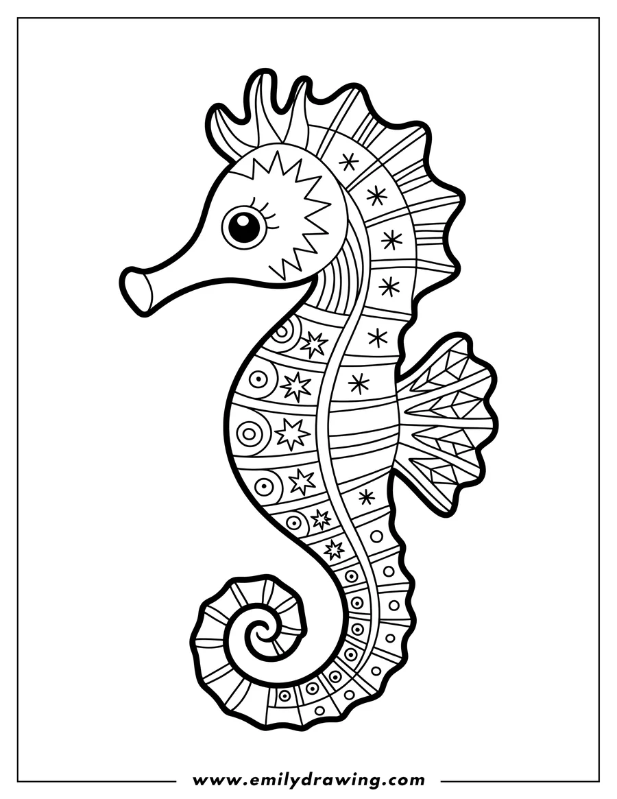 Line art of a seahorse with decorative patterns on its body and a curled tail.