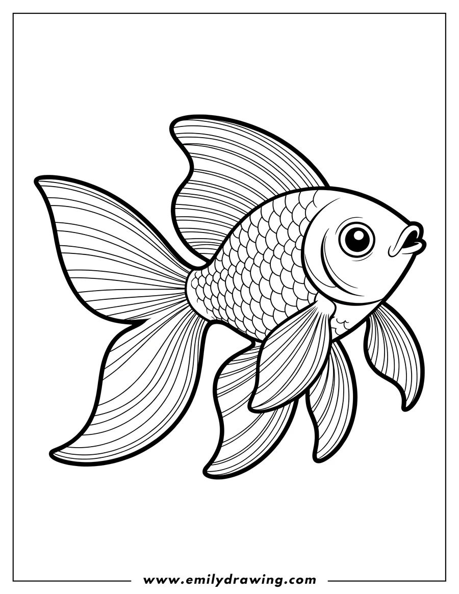 Line art of a fantail goldfish swimming with large, flowing fins and tail.