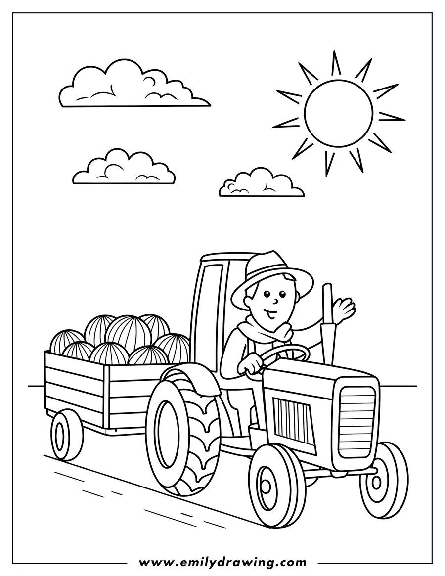 Outline of a farmer driving a tractor pulling a trailer full of watermelons. The sun is shining and there are fluffy clouds in the sky.