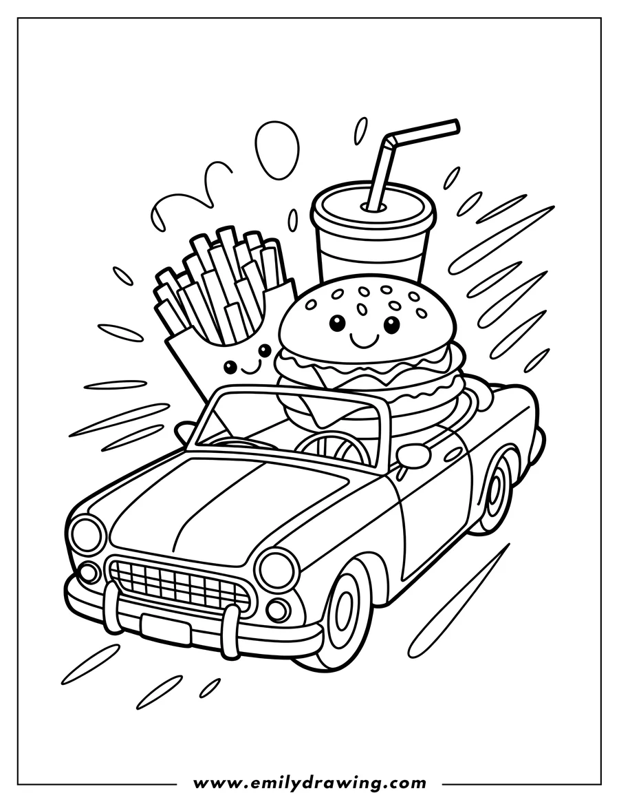Outline of a vintage car carrying a smiling burger, french fries, and a soda.