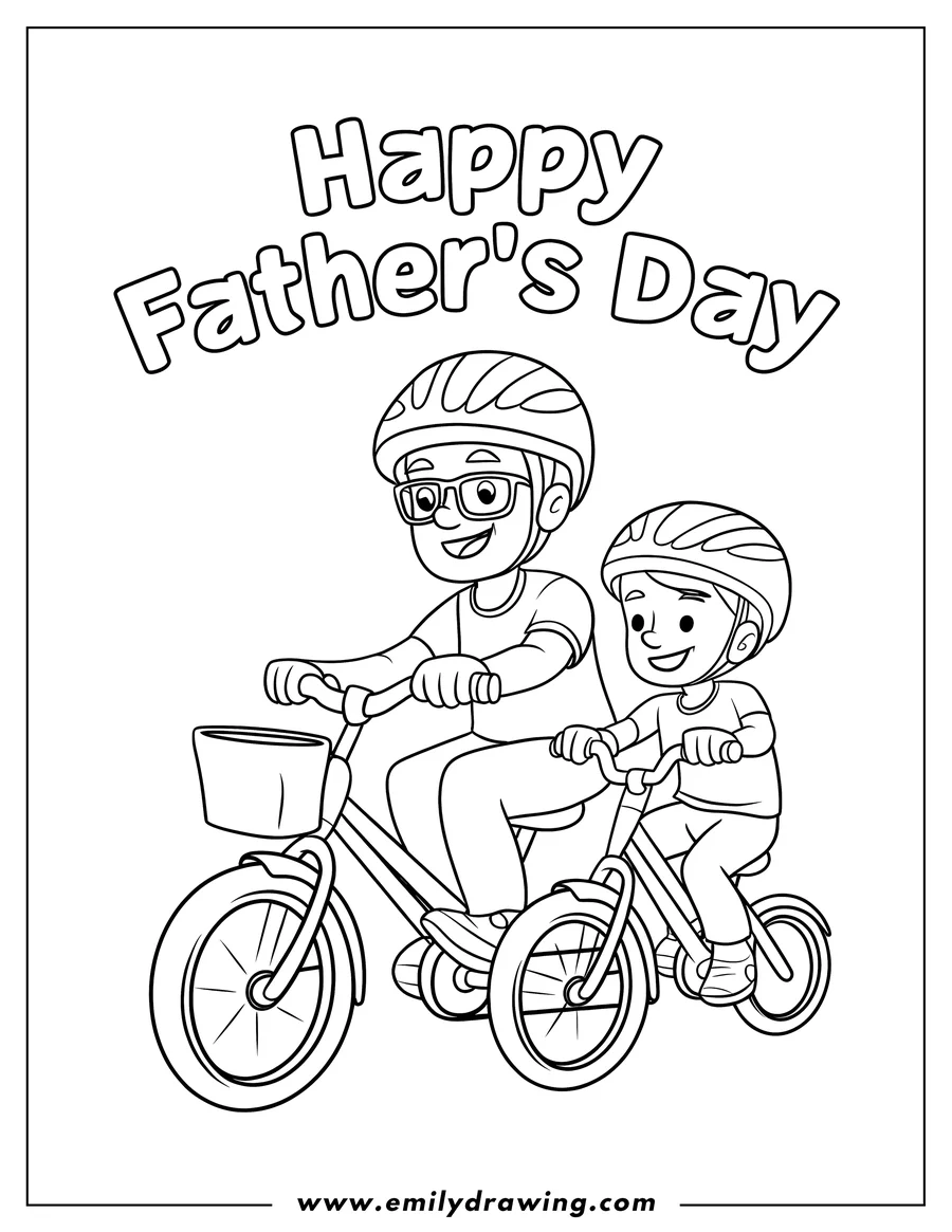 Outline of a father and child riding bicycles. The father is on a larger bike with a basket, and the child is on a smaller bike with training wheels. They both wear helmets.