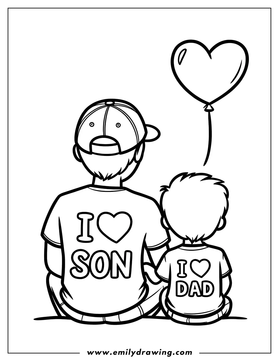 Outline of a father and son sitting together, wearing matching 'I Love Son' and 'I Love Dad' shirts. A heart-shaped balloon floats above them.
