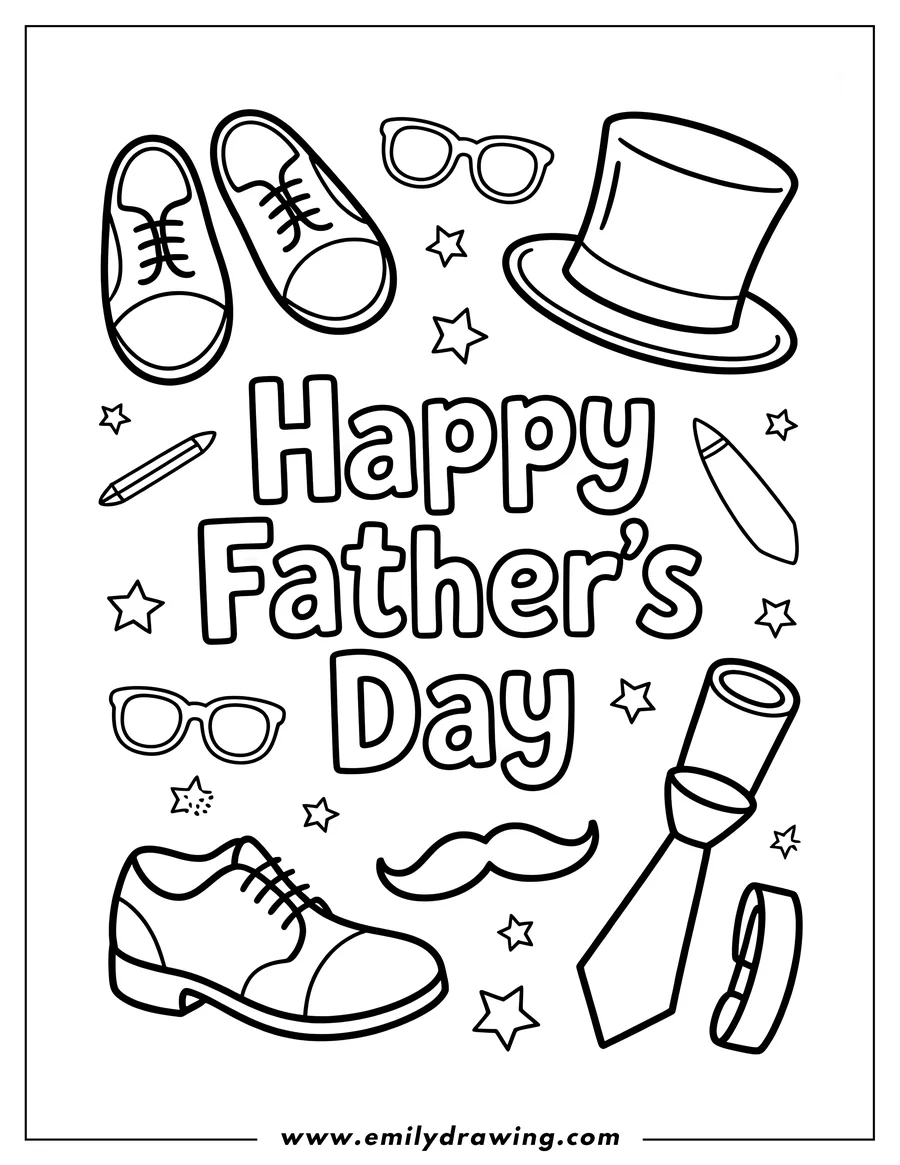 Line art illustration for Father's Day with various accessories like shoes, glasses, a hat, a tie, and a mustache. The words 'Happy Father's Day' are in the center.
