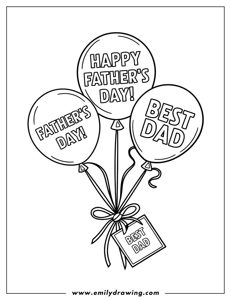 Line art of three balloons tied together with a ribbon and tag. The balloons have the words
