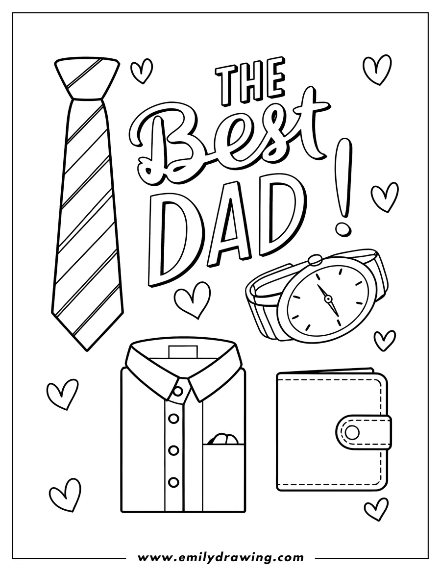 Line art illustration of Father's Day gifts including a tie, shirt, watch and wallet. The words