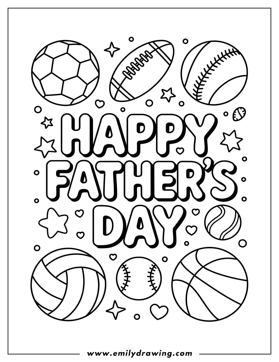 Line art of various sports balls surrounding the words