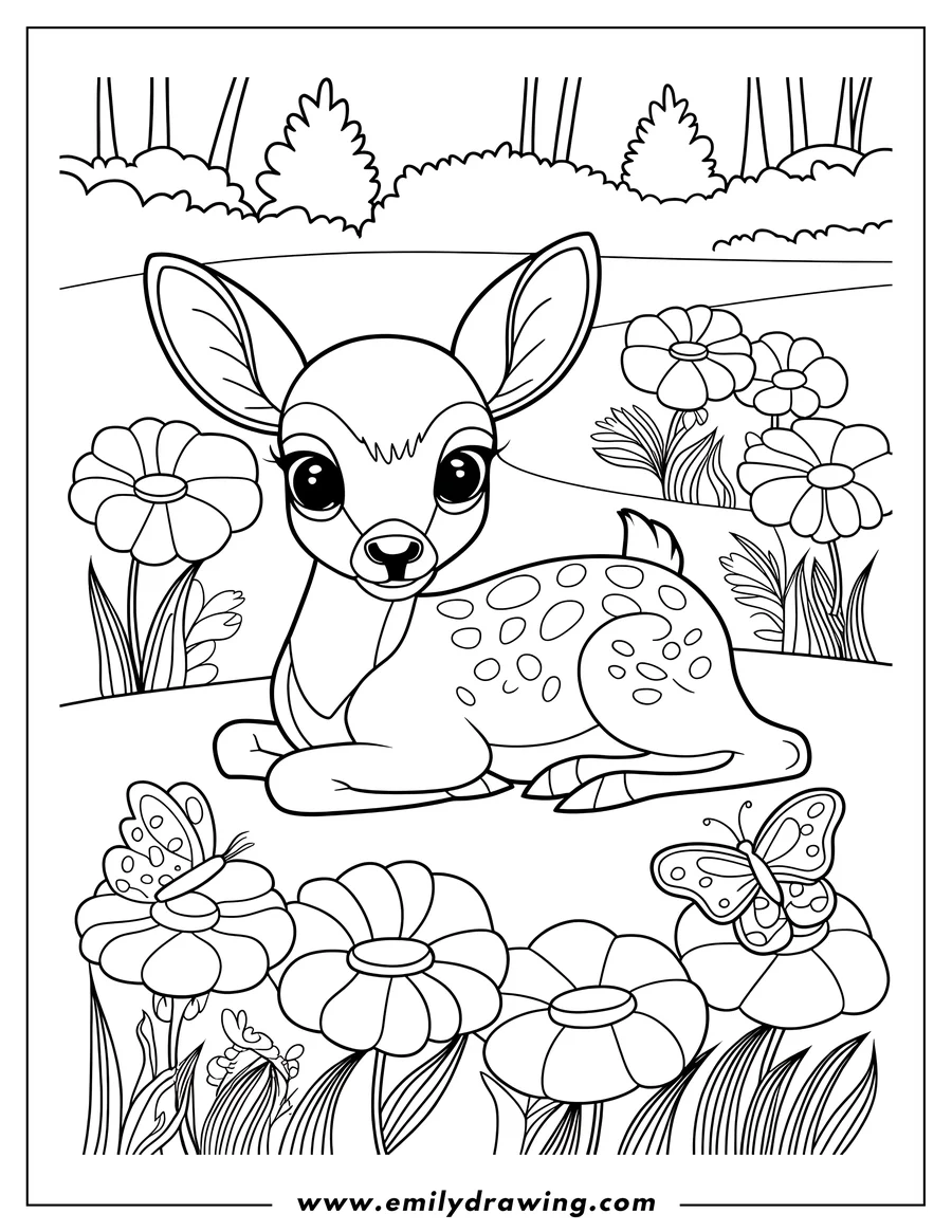Outline of a fawn lying down in a field of flowers, two butterflies nearby.