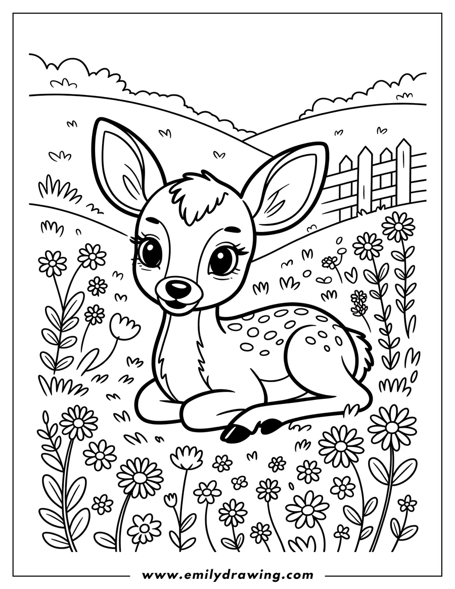 Outline of a fawn sitting in a field of flowers, near a fence and rolling hills.