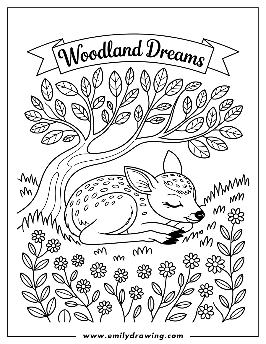 Outline of a fawn sleeping peacefully under a tree, surrounded by flowers and grass.