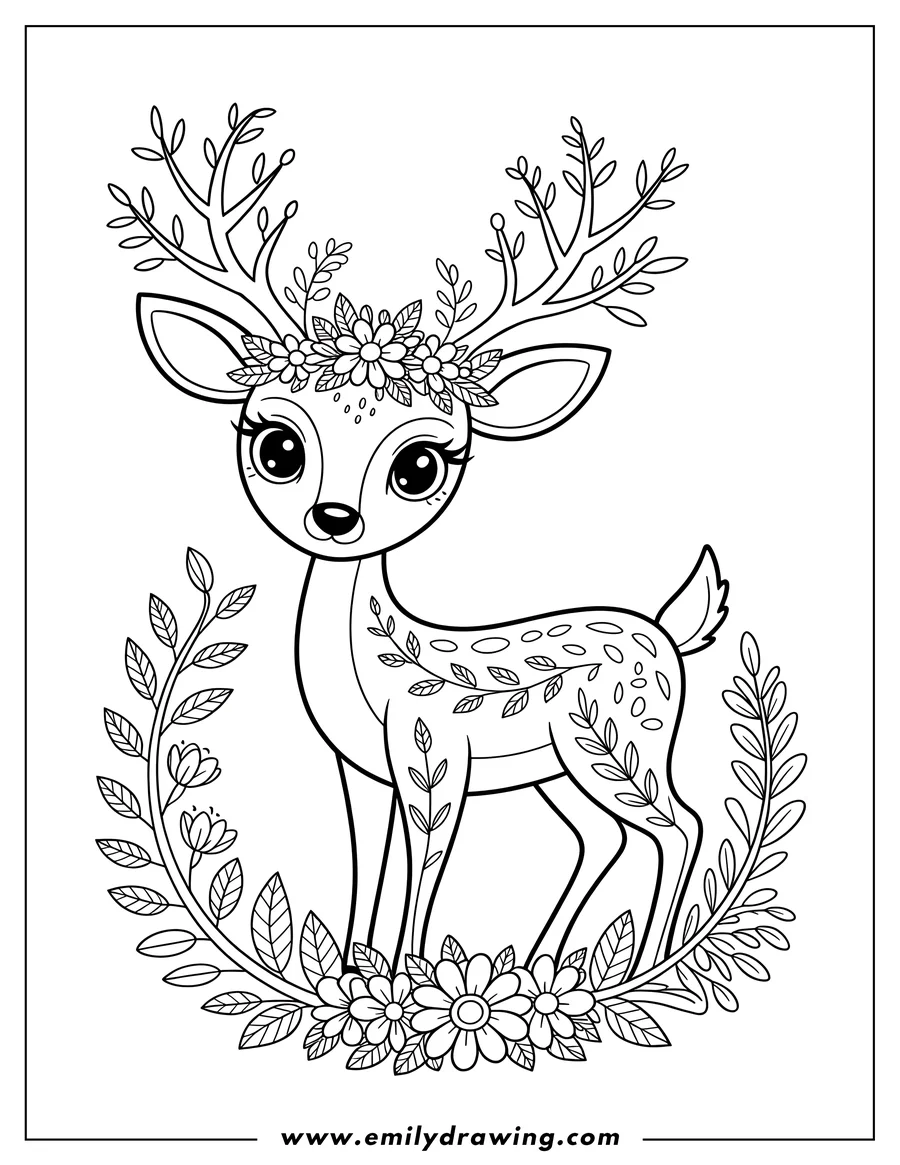 Outline of a fawn with spots and large eyes, wearing a crown of flowers and standing within a leafy, floral border.