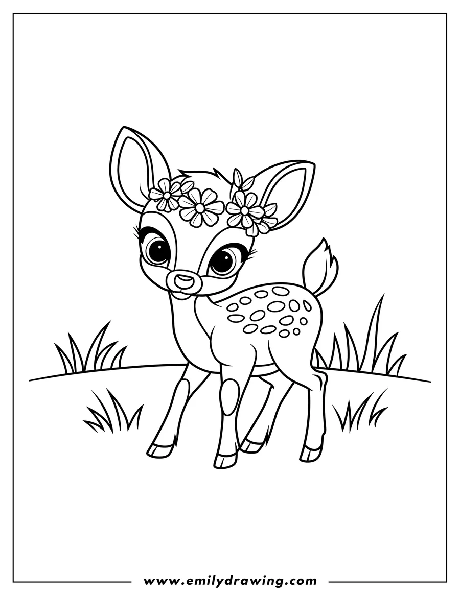 Outline of a fawn wearing a flower crown and standing in the grass.