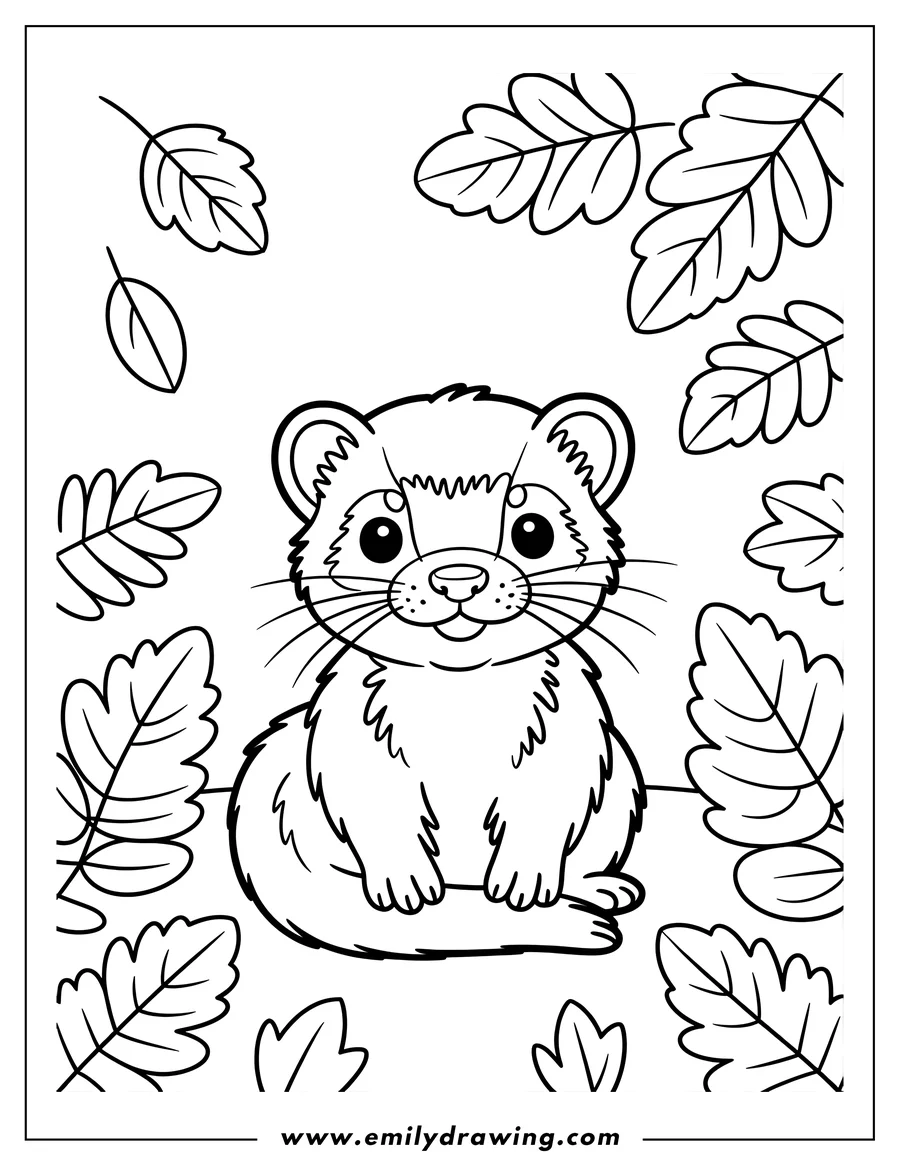 Outline of a ferret sitting surrounded by autumn leaves.