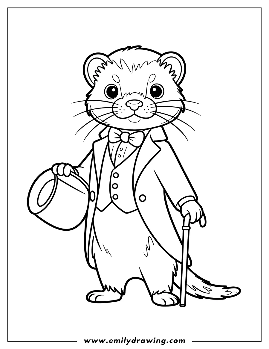 Outline of a ferret dressed in a fancy outfit, including a bow tie, tailcoat, top hat, and cane.