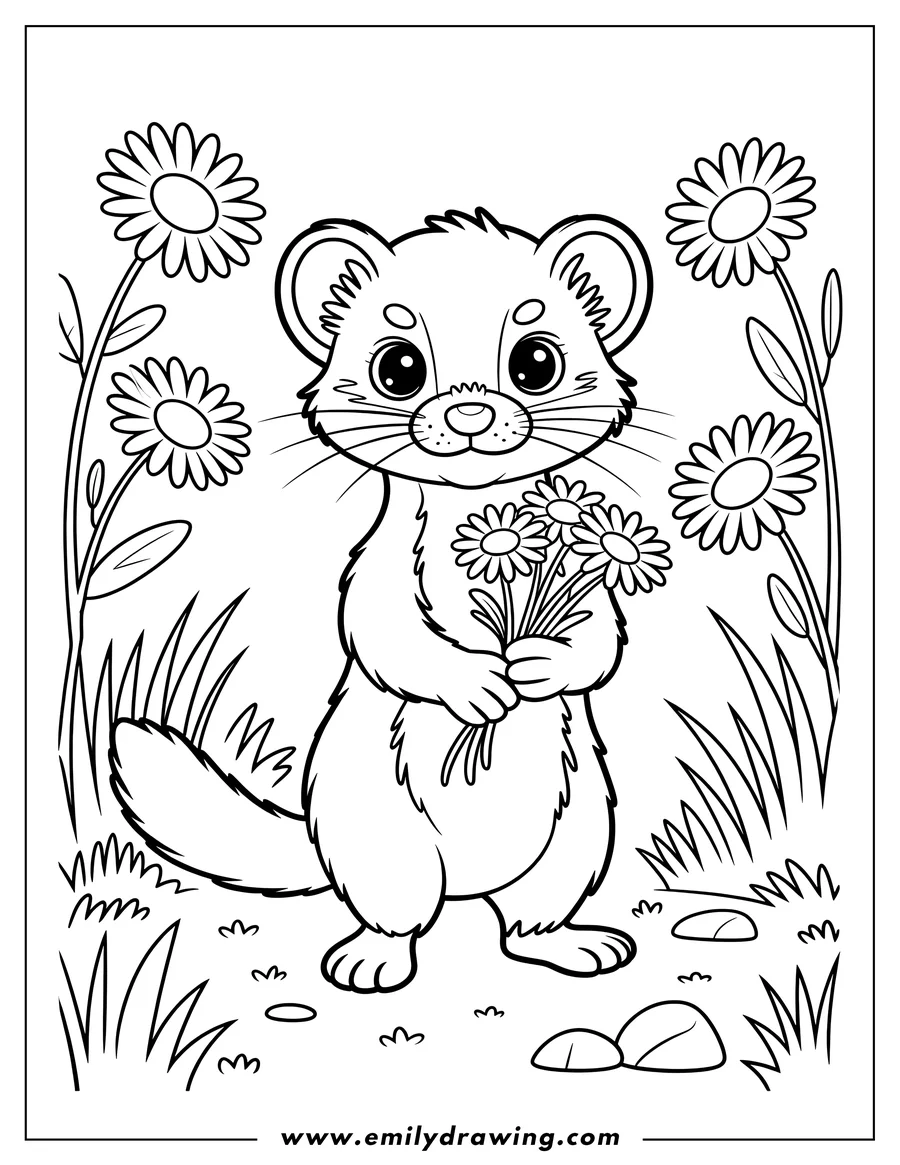 Outline of a ferret holding a small bouquet of flowers in a grassy area with additional flowers in the background.