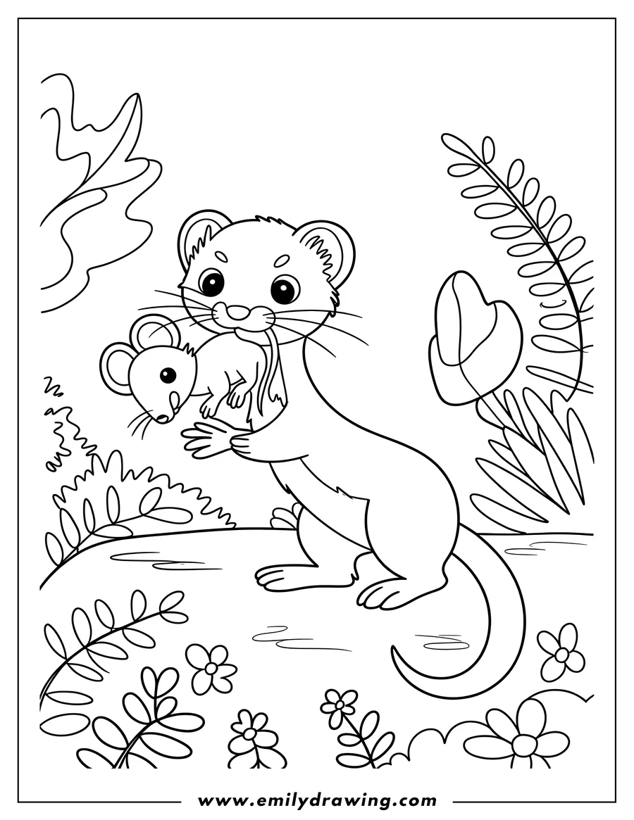 Outline of a ferret holding a small mouse in its paws, surrounded by simple plants and flowers.