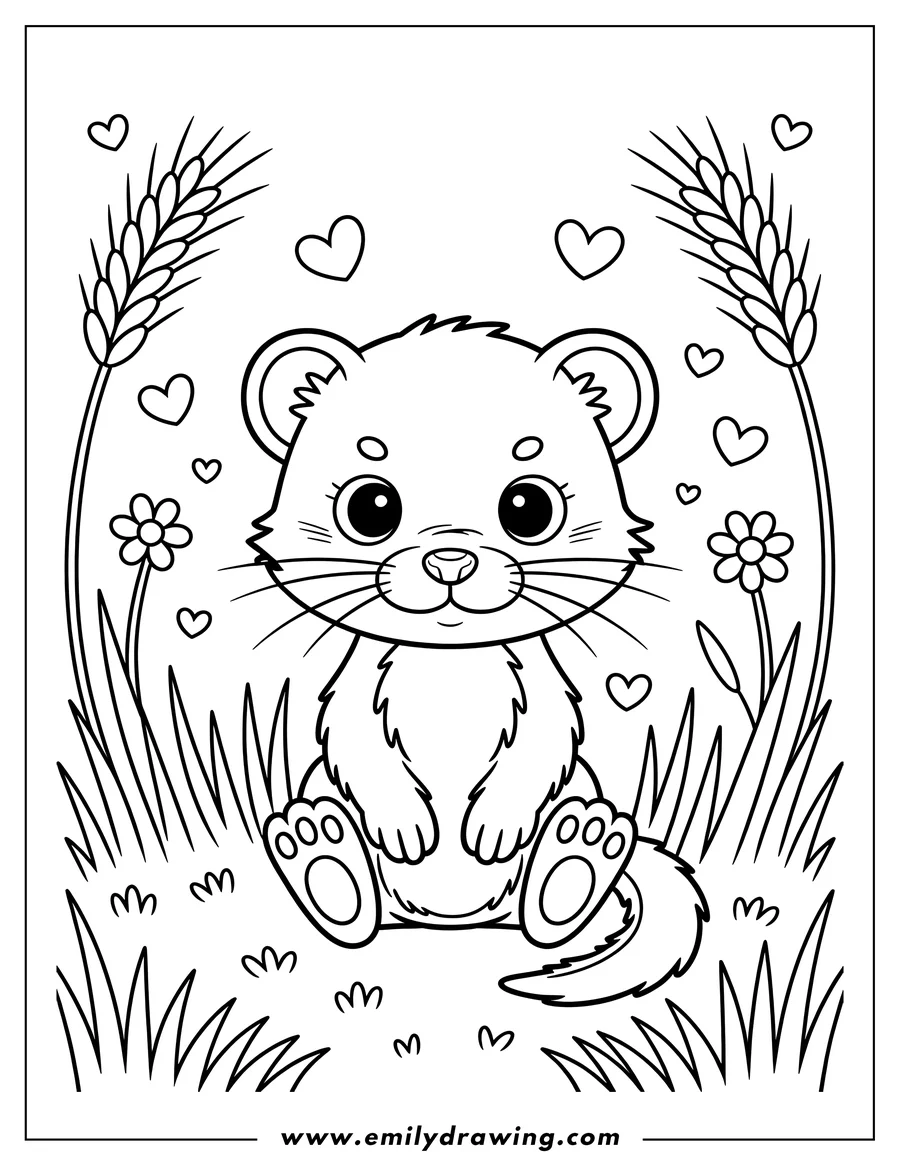 Outline of a ferret sitting in the grass surrounded by flowers, wheat, and hearts.