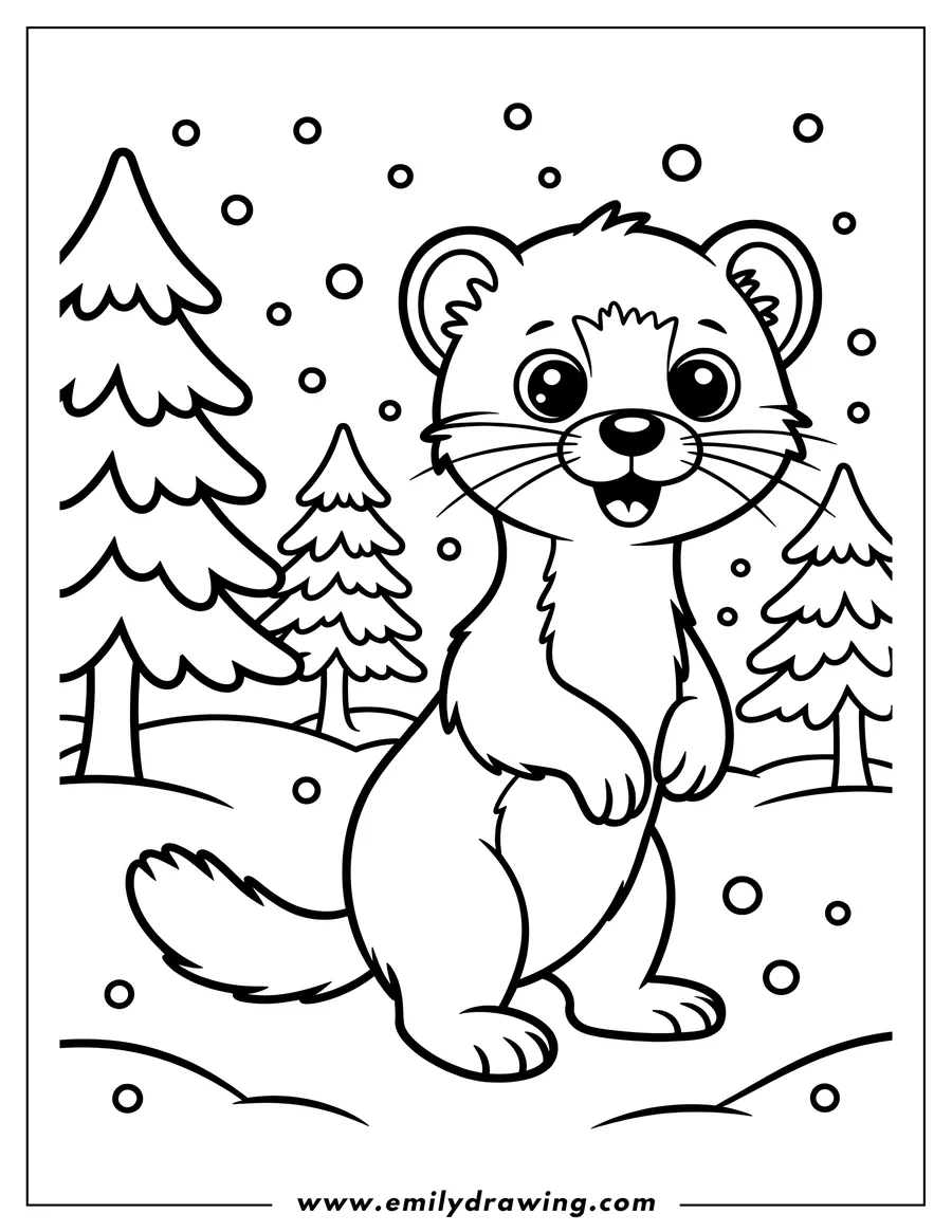 Outline of a ferret standing in the snow with pine trees in the background.