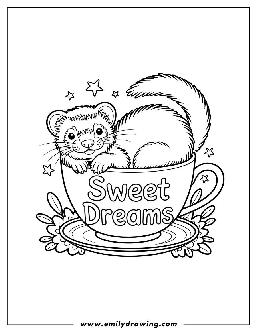 Outline of a ferret nestled inside a teacup on a saucer, with the words 'Sweet Dreams' written on the cup.  Stars and flowers decorate the image.