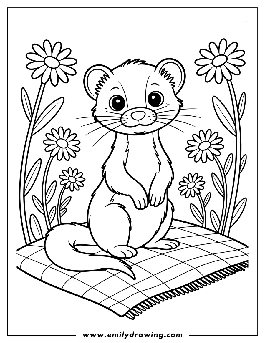 Outline of a ferret sitting on a blanket with flowers in the background.