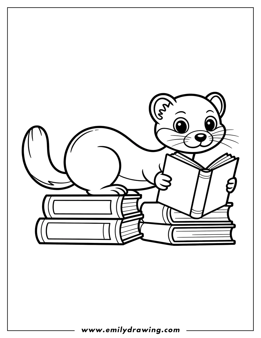 Outline of a ferret sitting on a stack of books and reading another book.