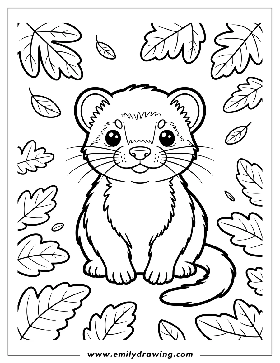 Outline of a ferret sitting down, surrounded by falling autumn leaves.