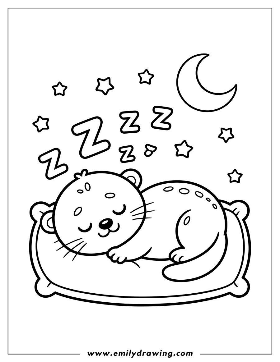 Outline of a ferret sleeping soundly on a pillow, with a crescent moon and stars in the background.