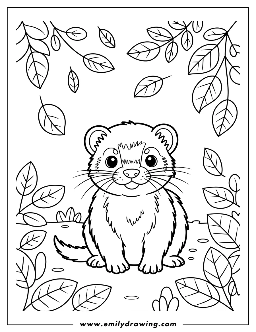 Outline of a ferret sitting under some leaves.