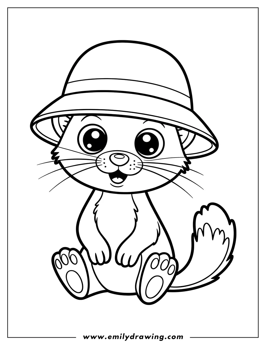 Line art of a ferret wearing a large brimmed hat.  It is sitting and smiling.